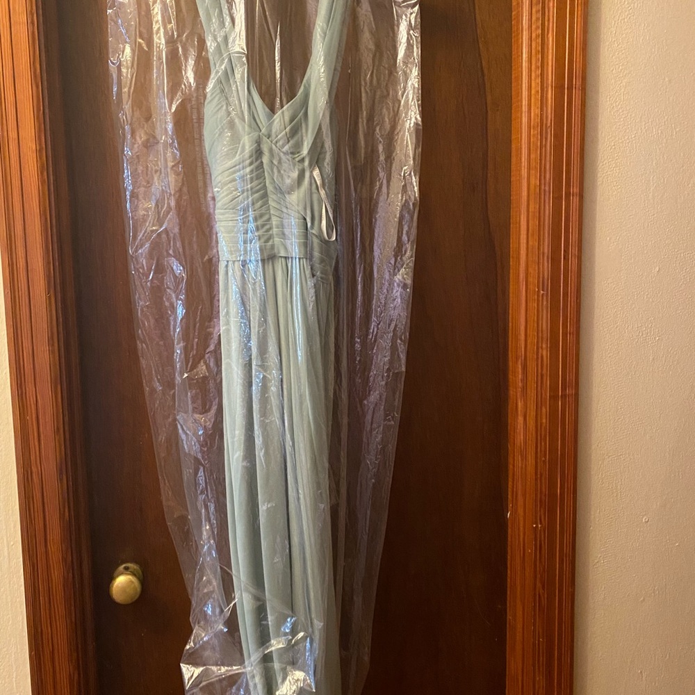 David’s Bridal MESH LONG BRIDESMAID DRESS WITH CRISSCROSS BACK in Dusty Sage.